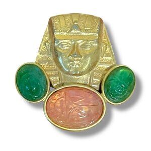Vintage Alexis Kirk Egyptian Revival Brooch Unsigned Pharaoh Glass Scarab Pin